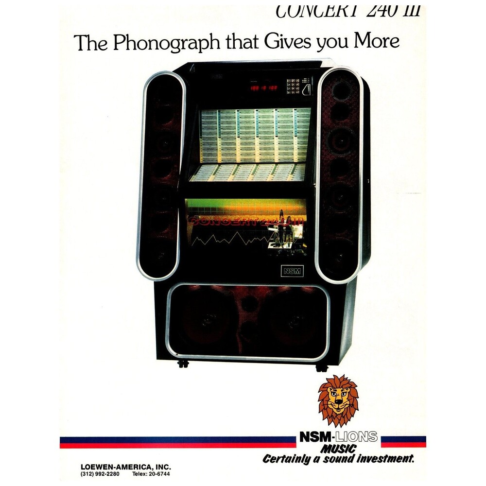NSM CONCERT 240 III Jukebox Brochure Loewen-America Magazine Ad 1980s